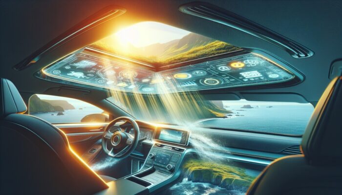 A car with an open sunroof driving along a scenic coastline, enjoying sunlight and fresh air.