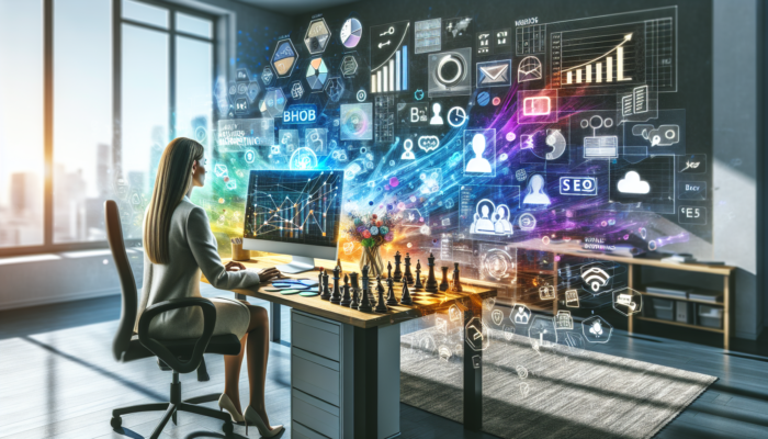 A B2B marketer analysing budget allocation across marketing channels on a computer in a modern office.