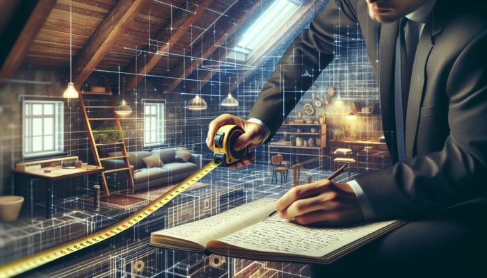 A person accurately measuring UK loft dimensions with a tape measure and noting measurements, while visualising potential furniture and storage arrangements.