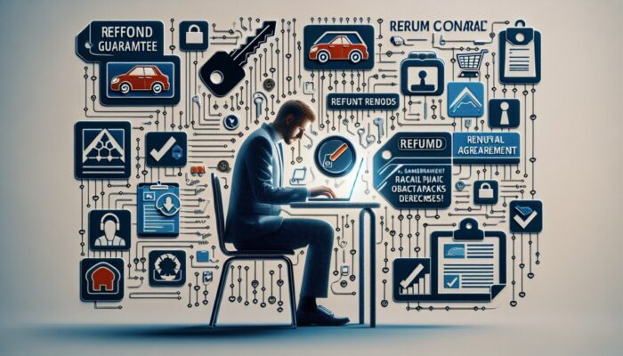 Individual comparing car rental options on a laptop, surrounded by keys, agreements, refund badges, and checklists.