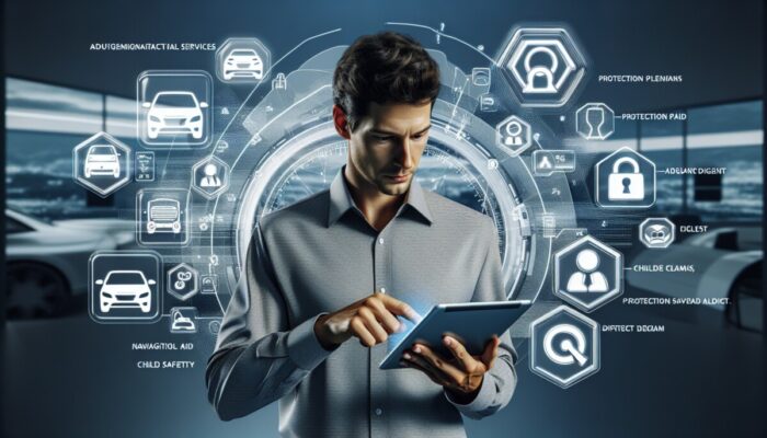 Individual in a rental office assessing additional services like GPS, insurance, and child seats on a tablet, surrounded by logos.