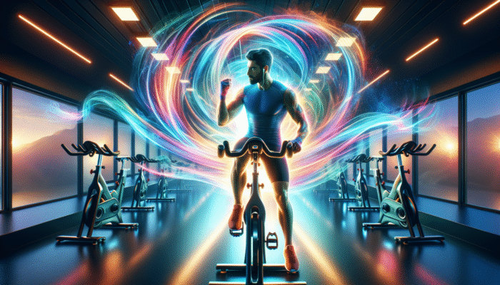 Person entering spin class, energised by pre-workout, ready to cycle with vibrant light trails.