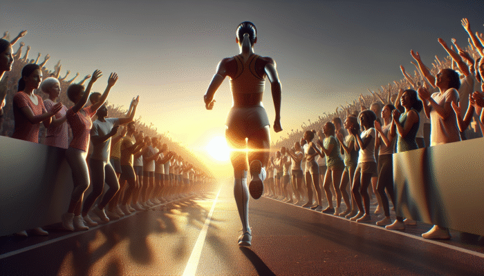 Athlete at sunrise marathon finish, empowered by adaptogens, symbolising peak performance with cheering crowd.