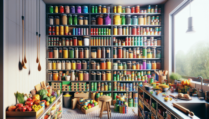 Colourful pantry ingredients on shelves, ready for easy meal preparation.