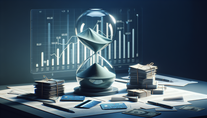 Hourglass with sand flowing into credit cards and loan documents, symbolizing increasing debt over time, with financial charts.