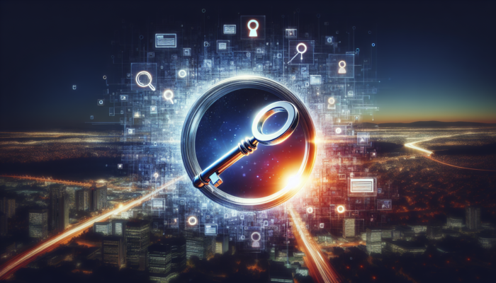 A digital key unlocking a glowing portal with the Google logo, enhancing online visibility in a cityscape.