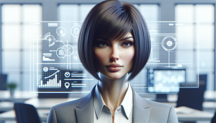 Woman showcasing a sharp, straight-across blunt bob, radiating confidence and sophistication.