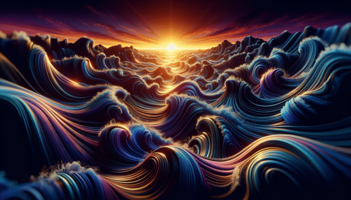 Intricate waves featuring dynamic textures under a vibrant sunset, creating a captivating pattern of light and shadow.