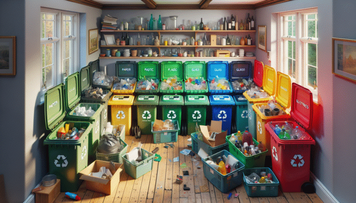 Sorting station with labelled bins for paper, plastic, glass, and electronics in a UK house clearance, promoting recycling compliance.