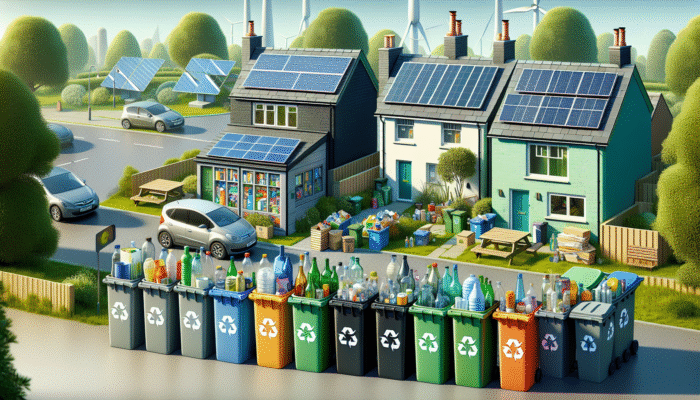Household waste items like plastics, glass, and paper sorted into recycling bins in a green UK neighbourhood.