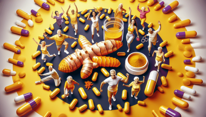 A vibrant yellow turmeric root and curcumin capsules, seniors joyfully active, symbolising joint pain relief.