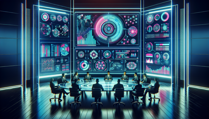 Futuristic command centre with holographic screens showing Google Business Profile analytics, team strategizing, modern design with neon accents.