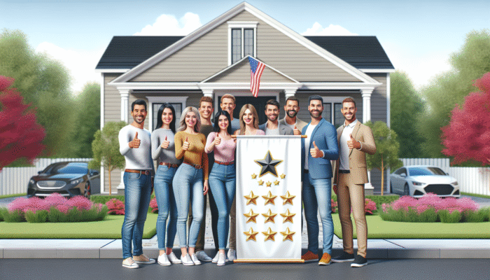 Satisfied homeowners showing thumbs-up in front of their residence, showcasing a banner with top-rated home service logo and reviews.