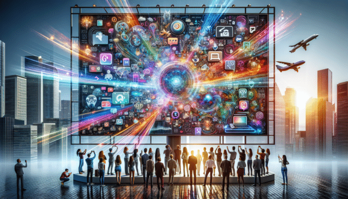 A vibrant digital billboard showcasing advertisements on social media, websites, and mobile apps, with people engaging in a contemporary city setting.