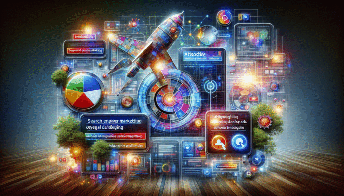 A vibrant collage of search engine marketing and display advertisements on a digital interface, illustrating various digital advertising strategies.