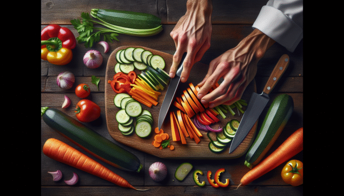Chef's hands julienning vibrant vegetables on a wooden board with colourful slices around.