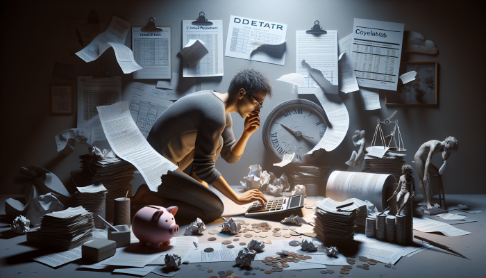 The Risks of Debt Consolidation: An Impact Analysis | DCL Individual in a dimly lit room, surrounded by financial documents, anxiously calculating extended debt repayment on a calculator, with a calendar indicating prolonged dates.