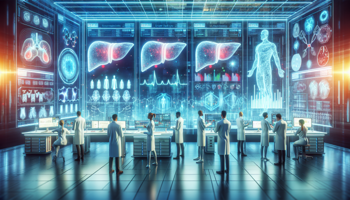 A futuristic lab with holographic displays of liver blood test results, scientists analysing data, and advanced medical equipment.