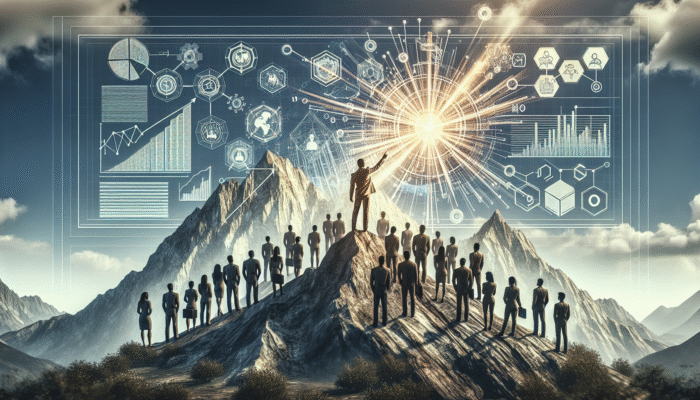 Utilising Thought Leadership for E-E-A-T Signals: A visionary leader on a mountain guides a crowd with a glowing map, symbolising thought leadership.