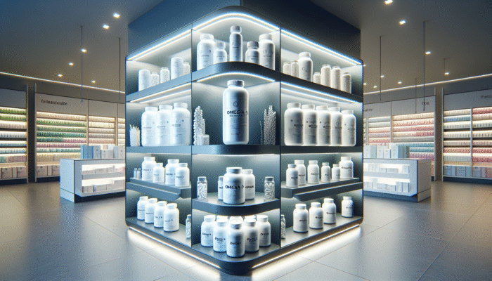 A display of omega-3 supplements in a modern health store, emphasising purity, sustainability, and potency.