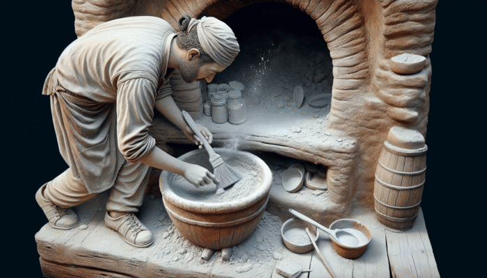 A person cleaning the interior of a clay oven with a brush and baking soda paste in a rustic kitchen.