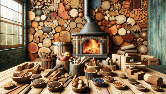 A rustic kitchen with oak, hickory, mesquite, and fruitwoods surrounding a wood-fired oven, enhancing dish flavours.