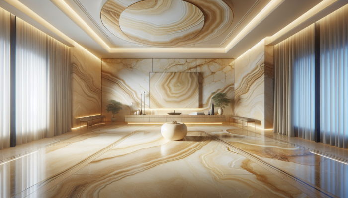 Elegant travertine tiles showcasing soft cream to rich golden beige hues along with unique vein patterns, enhancing a sophisticated interior design.