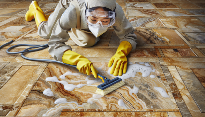 A close-up view of well-maintained travertine tiles with an individual using cleaning tools, underscoring the importance of regular upkeep.