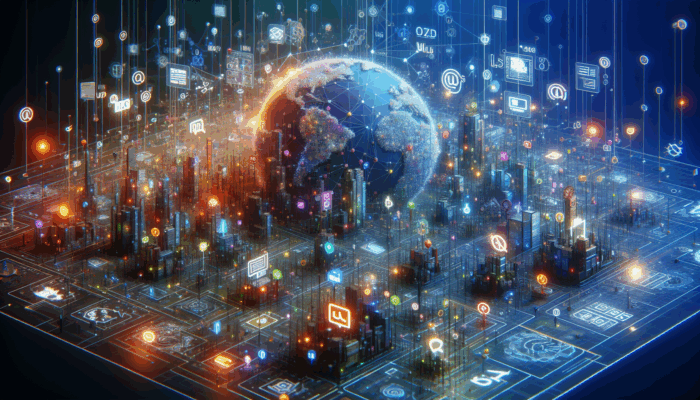 A futuristic digital map illustrating organised URL pathways guiding users and search engines through an SEO-optimised blog landscape.