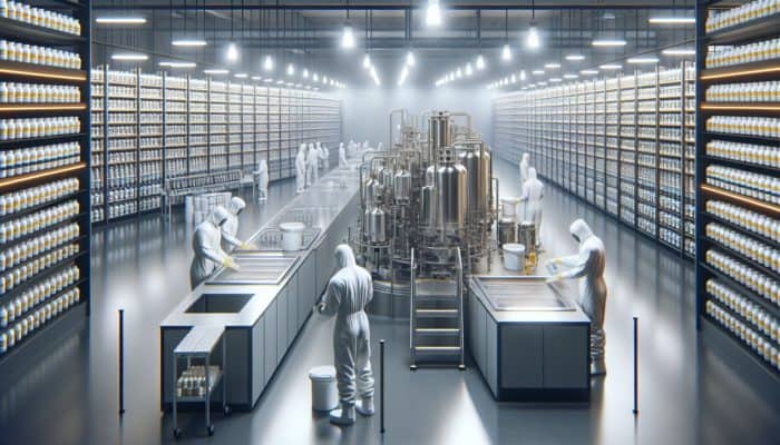 Workers in hazmat suits cleaning advanced equipment in a modern supplement factory with neatly stored supplements.
