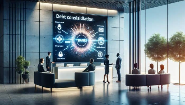 Top debt consolidation loan providers in 2025: A Comprehensive Guide | DCL A modern bank lobby showing digital displays of Barclays' debt consolidation loans, with consultants assisting diverse clients.