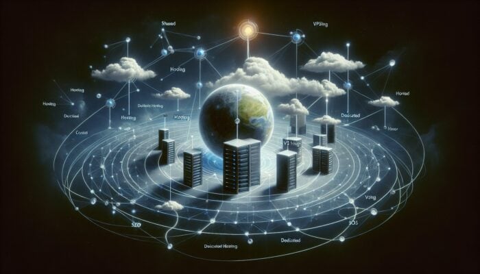 A visual representation of how to effectively implement content clusters for SEO in hosting, featuring "Web Hosting" as the main pillar linked to "Shared Hosting," "VPS Hosting," and "Dedicated Hosting" subtopics.