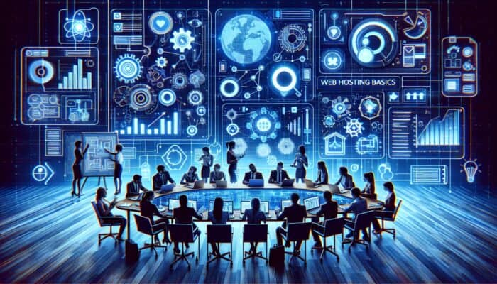 A digital workspace showcasing keyword research tools and charts, with a team brainstorming content cluster topics.