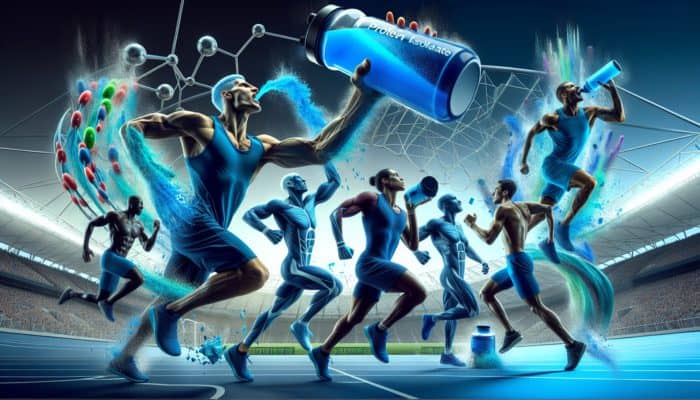 Athletes in Rio and London absorbing blue whey protein isolate, promoting post-workout recovery.