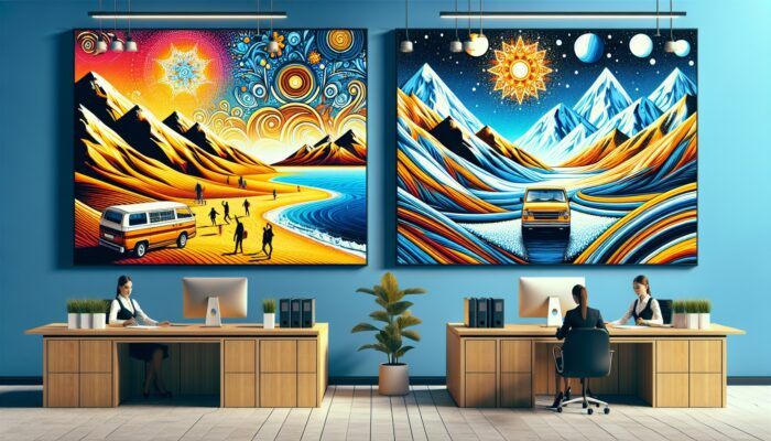 A car rental office adorned with colourful posters promoting seasonal discounts for summer beach and winter mountain trips.