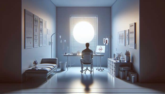 Individual in Dundee preparing for a liver blood test, fasting and avoiding alcohol, in a minimalist medical room with an early morning clock.