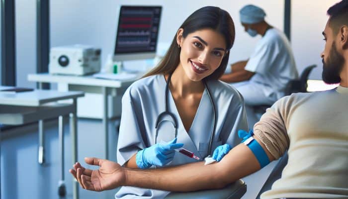 Healthcare professional in Dundee drawing blood from a patient's arm in a medical facility.