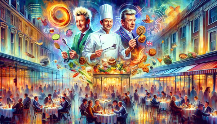 Celebrated chefs Gordon Ramsay, Wolfgang Puck, and Guy Fieri in the vibrant culinary scene of Las Vegas.