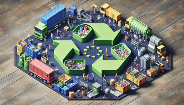 Illustration of EU Waste Framework Directive featuring recycling symbols, the circular economy, and initiatives from UK councils.