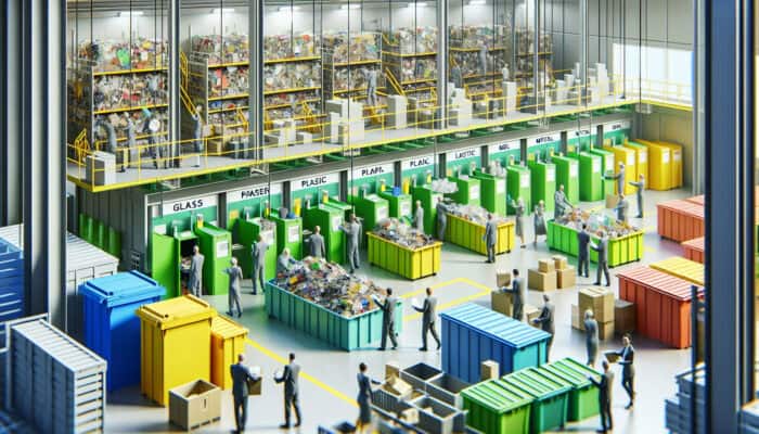 An illustrative scene of waste sorting in a bright, organized recycling facility with clearly labelled bins for glass, paper, plastic, and metal, featuring individuals sorting items.