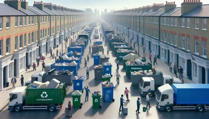 Various specialised recycling bins and trucks on a UK street, with people sorting electronics, mattresses, and furniture.