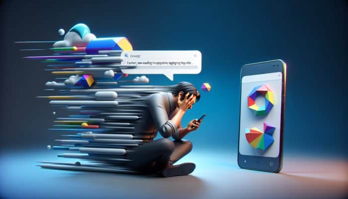 A user on a smartphone frustrated with slow, low-quality images, contemplating leaving the website.