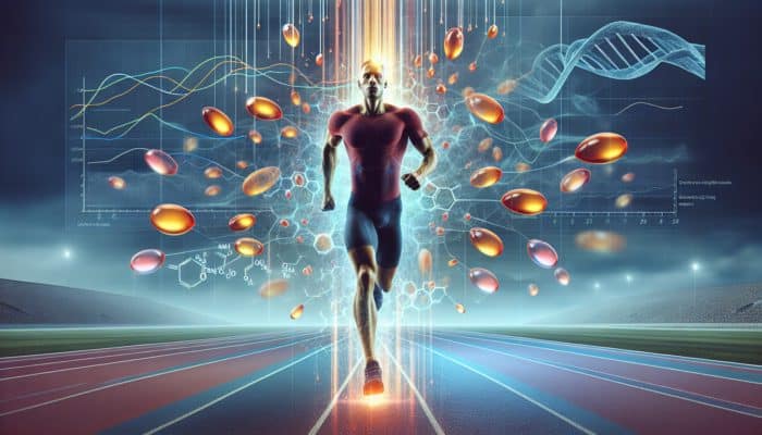 An athlete sprinting on a track with an omega-3 aura, graphs indicating reduced injury rates.