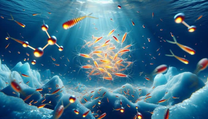 A vibrant underwater scene featuring krill and glowing omega-3 molecules in phospholipid form, illustrating superior bioavailability for athletes.