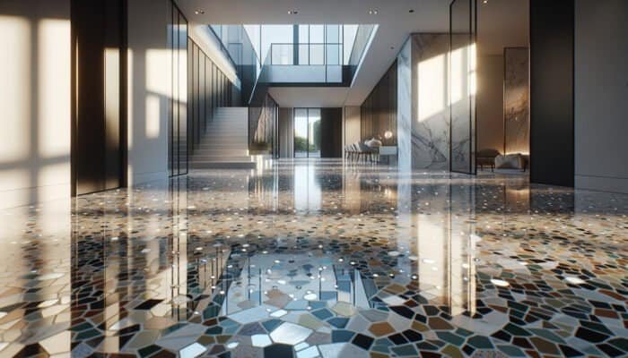 Polished terrazzo floor featuring marble, quartz, and glass chips in a geometric design within a modern UK residence.
