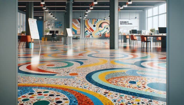 A vibrant, polished terrazzo floor showcased in an office, displaying colourful, recycled materials and an elegant design.