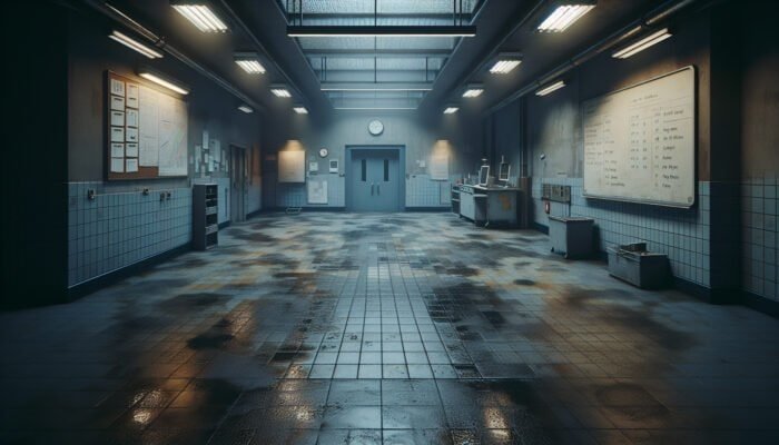 A dull terrazzo floor in a dimly lit room, displaying signs of wear and dirt in a humid UK environment.