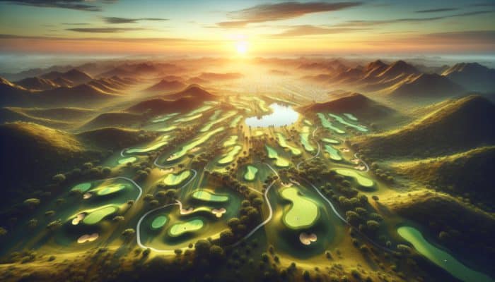 Aerial view of Outeniqua Golf Club at dawn, showcasing 18 holes with strategic design and natural terrain.