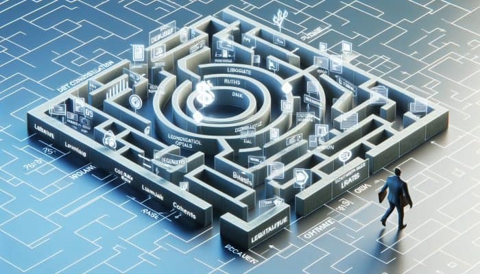 How to Avoid Scams as a Debt Consolidation Beginner: Essential Tips | DCL A person navigating a maze of financial paths, with highlighted safe routes symbolizing debt consolidation loans.
