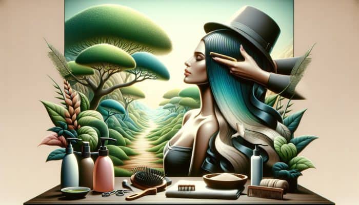 Woman with shiny hair using natural oil shampoo, getting a scalp massage, wearing a hat, and getting a haircut in a lush environment.